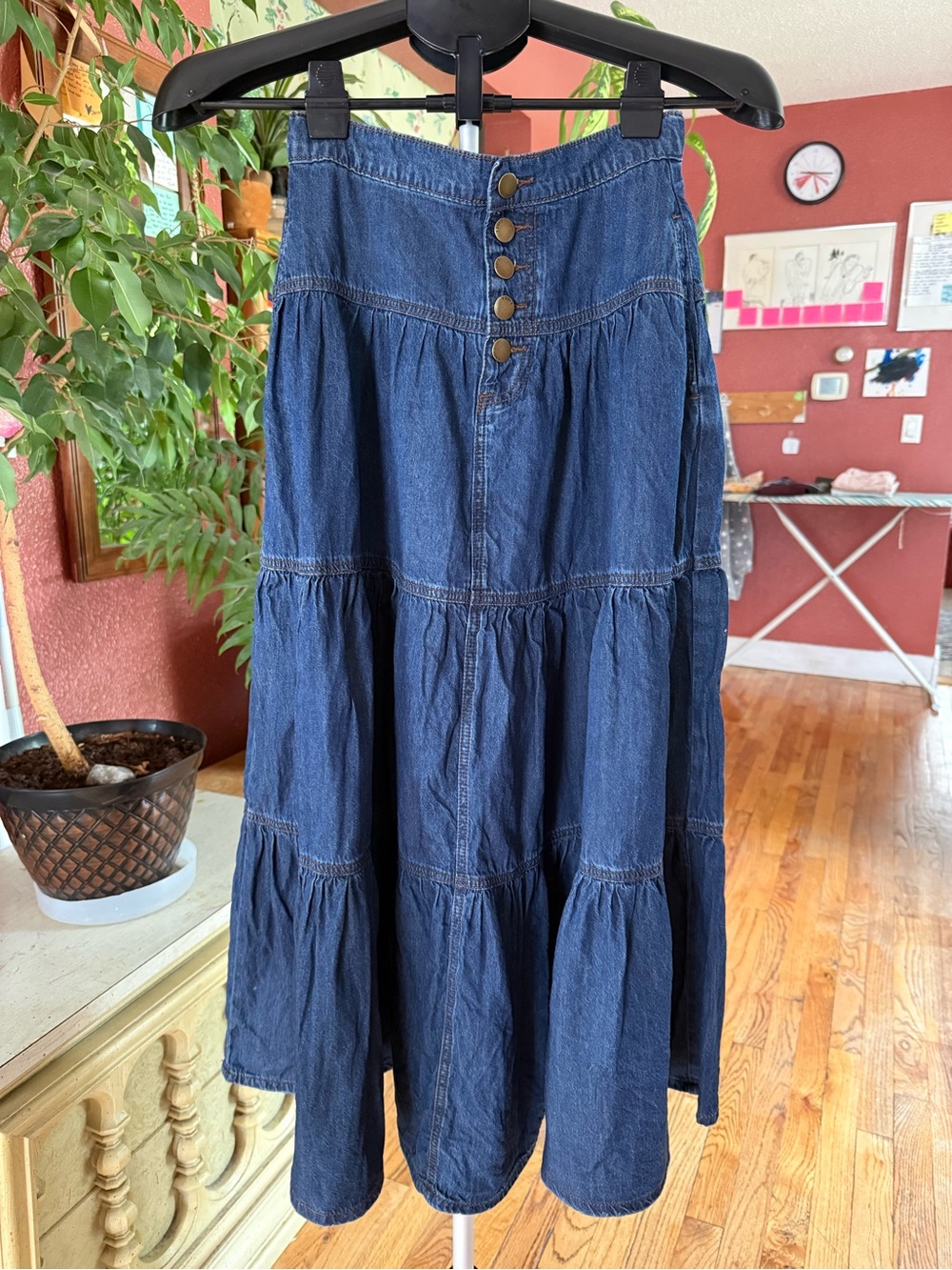 Denim Tiered Midi Skirt - Blue